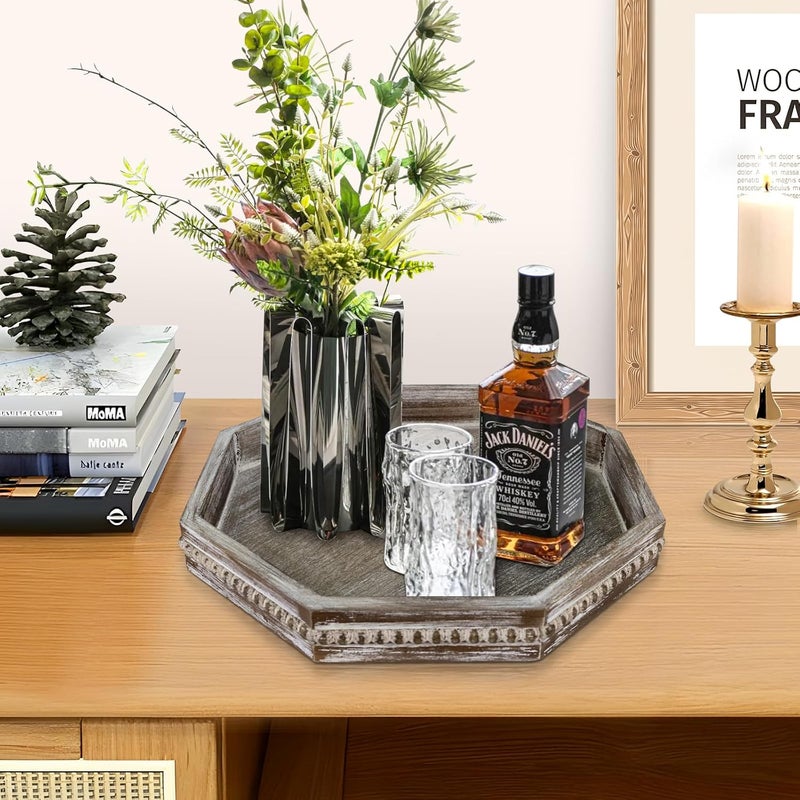 CEDARLUX Wooden Decorative Tray, Small Serving Tray with Wood Bead, Farmhouse Big Tray for Ottoman, Countertop, Coffee Tabl, 13" x 13"x 1.6" (Retro Brown) - Image 3